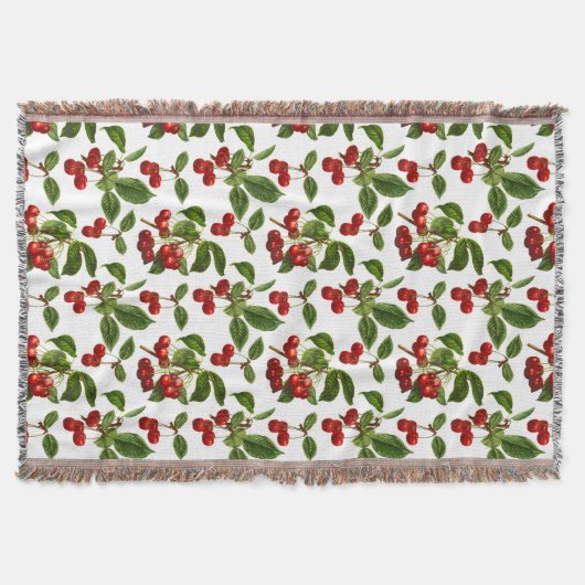 ヴィンテージ植物さくらんぼプリントオンホワイト スローブランケット (正面)