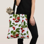 ヴィンテージ植物さくらんぼプリントオンホワイト トートバッグ (クローズアップ)