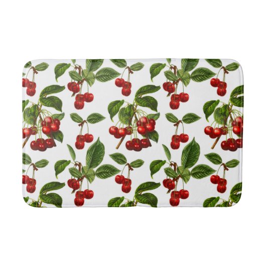 ヴィンテージ植物さくらんぼプリントオンホワイト バスマット (正面)