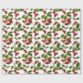 ヴィンテージ植物さくらんぼプリントオンホワイト ラッピングペーパー (フラット)