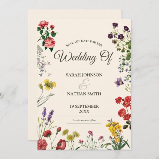 ヴィンテージ植物の花婚式セーブザデート 招待状 (正面/裏面)