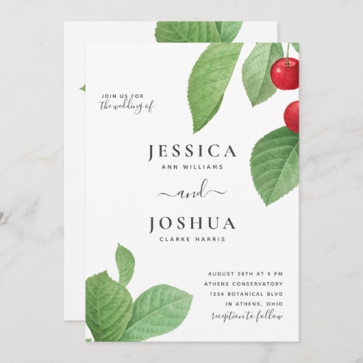 ヴィンテージ植物イラストレーションさくらんぼ結婚ズ 招待状 (正面/裏面)