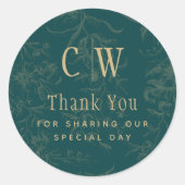 ヴィンテージ植物ティール(緑がかった色)金ゴールド結婚式の引き出物ギフトラベル ラウンドシール (正面)