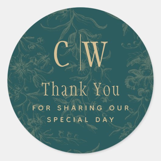 ヴィンテージ植物ティール（緑がかった色）金ゴールド結婚式の引き出物ギフトラベル ラウンドシール (正面)