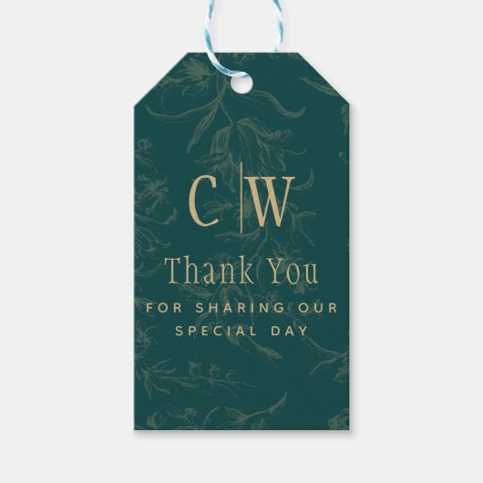ヴィンテージ植物ティール（緑がかった色）金ゴールド結婚式の引き出物 ギフトタグ (正面)