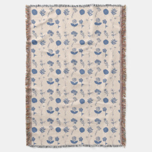 ヴィンテージ植物フローライラストレーションパターンブルー スローブランケット