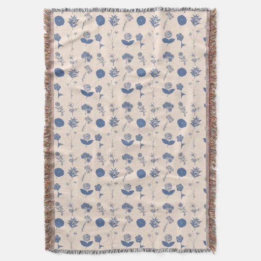 ヴィンテージ植物フローライラストレーションパターンブルー スローブランケット (正面縦)