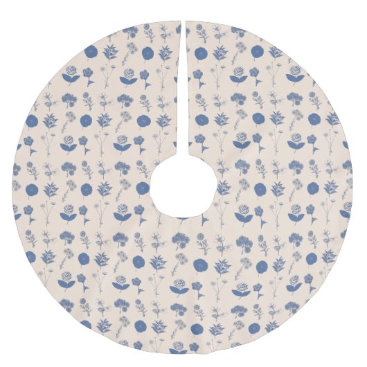 ヴィンテージ植物フローライラストレーションパターンブルー ブラッシュドポリエステルツリースカート (正面)