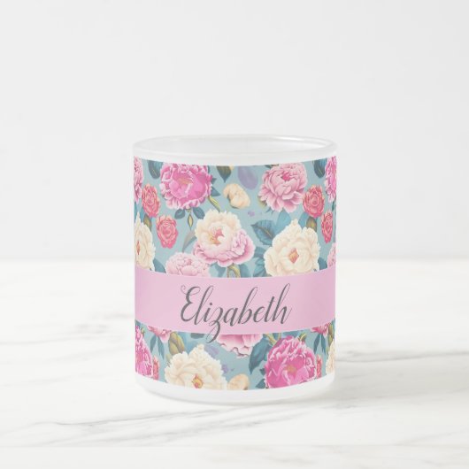 ヴィンテージ植物フローラデザイン フロストグラスマグカップ (中央)