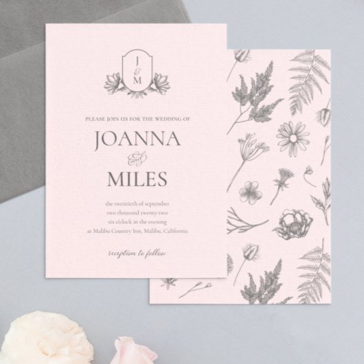 ヴィンテージ植物モノグラム結婚式招待状 招待状