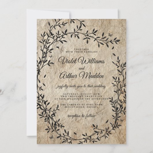 ヴィンテージ植物リース結婚式招待状 招待状 (正面)