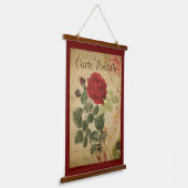 ヴィンテージ植物学タペストリー – バラ赤の背景 吊り下げ型タペストリー (傾斜あり)