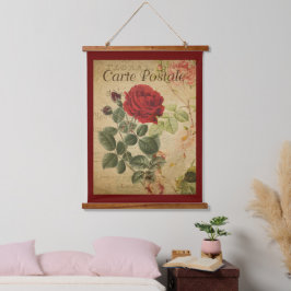 ヴィンテージ植物学タペストリー – バラ赤の背景 吊り下げ型タペストリー