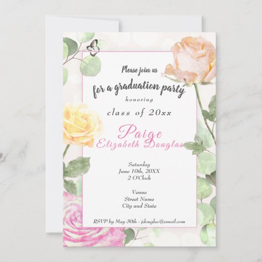 ヴィンテージ植物性ほこりっぽいピーチピンク卒業 招待状 (正面)