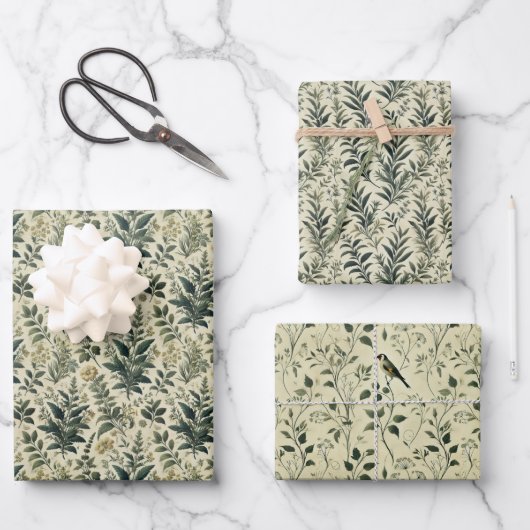 ヴィンテージ植物性アイボリー/セージのラップデクページ紙 ラッピングペーパーシート (正面)