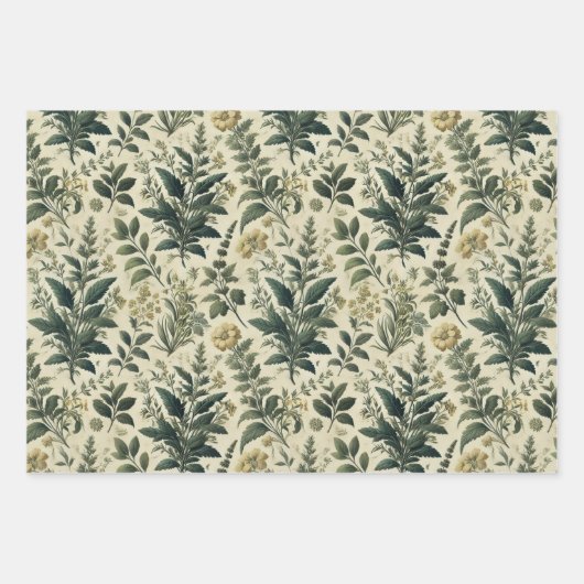 ヴィンテージ植物性アイボリー/セージのラップデクページ紙 ラッピングペーパーシート (正面)