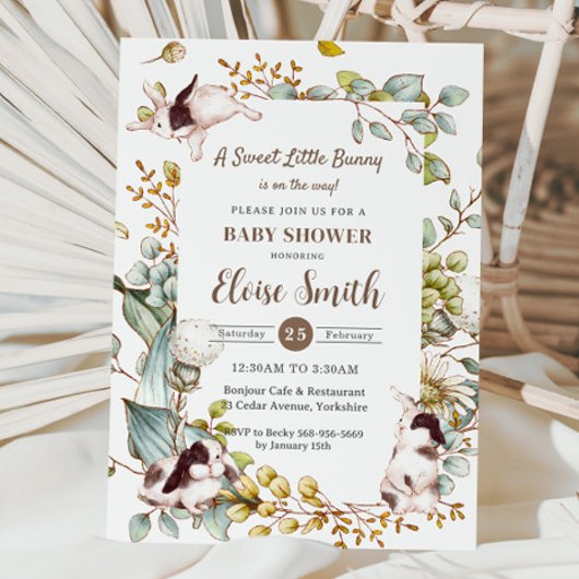 ヴィンテージ植物性バニーウサギ赤ちゃんシャワーQR 招待状