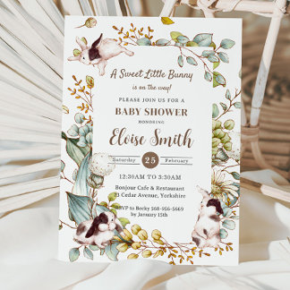 ヴィンテージ植物性バニーウサギ赤ちゃんシャワーQR 招待状