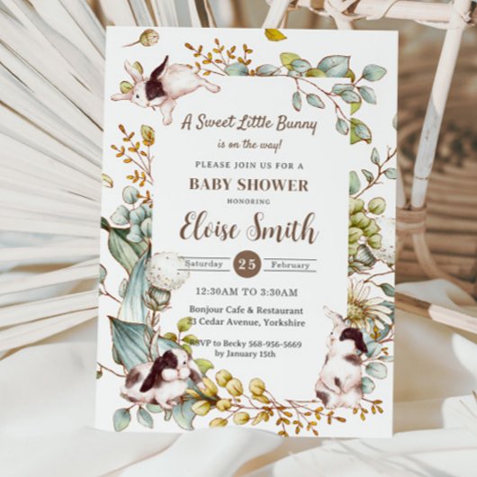 ヴィンテージ植物性バニーウサギ赤ちゃんシャワーQR 招待状