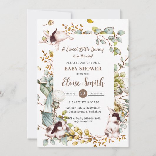 ヴィンテージ植物性バニーウサギ赤ちゃんシャワーQR 招待状 (正面)