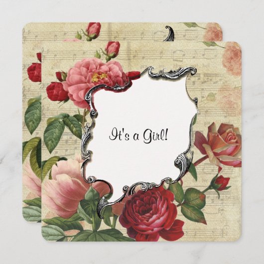 ヴィンテージ植物性バラガールベビーシャワー招待状 招待状 (正面/裏面)