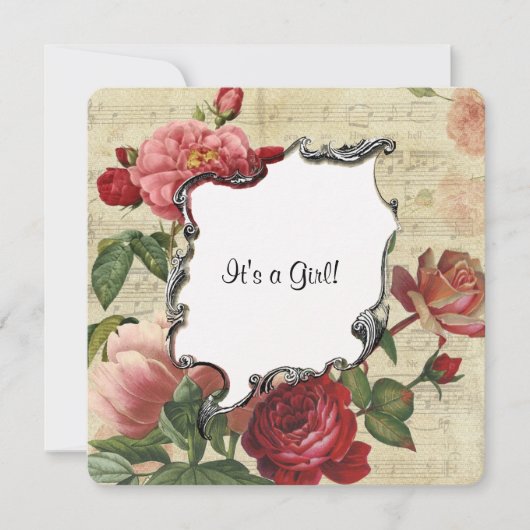 ヴィンテージ植物性バラガールベビーシャワー招待状 招待状 (正面)