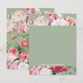 ヴィンテージ植物性バラグリーン&ピンク ノートカード