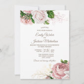 ヴィンテージ植物性ピンクフローラバラ白結婚色 招待状 (正面)