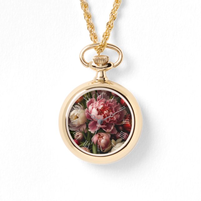ヴィンテージ植物性フローラ牡丹絵を描花束 腕時計 (正面)