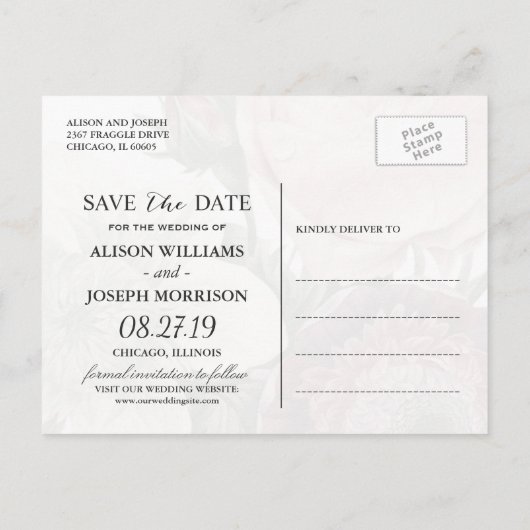 ヴィンテージ植物性フローラ結婚式の日付を保存 案内ポストカード (裏面)