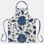 ヴィンテージ植物性ブルー+白フローラルパターン エプロン (正面)