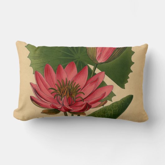 ヴィンテージ植物性プリントピンクウォーターリリーロータス ランバークッション (正面)