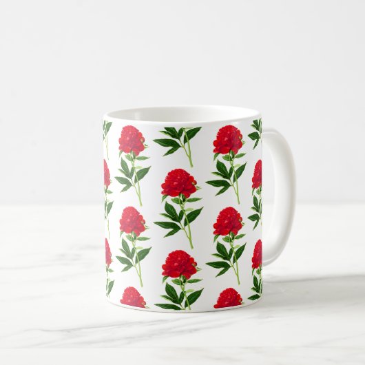ヴィンテージ植物性プリント、深いレッド牡丹 コーヒーマグカップ (正面右)