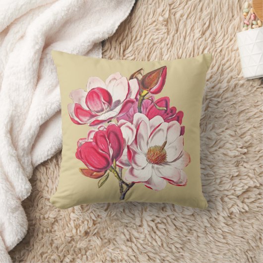 ヴィンテージ植物性マグノリアピンクの花ベージュ クッション (ブランケット)