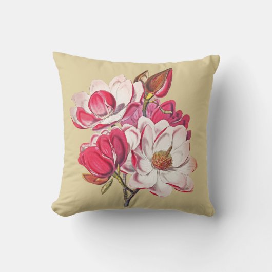 ヴィンテージ植物性マグノリアピンクの花ベージュ クッション (正面)