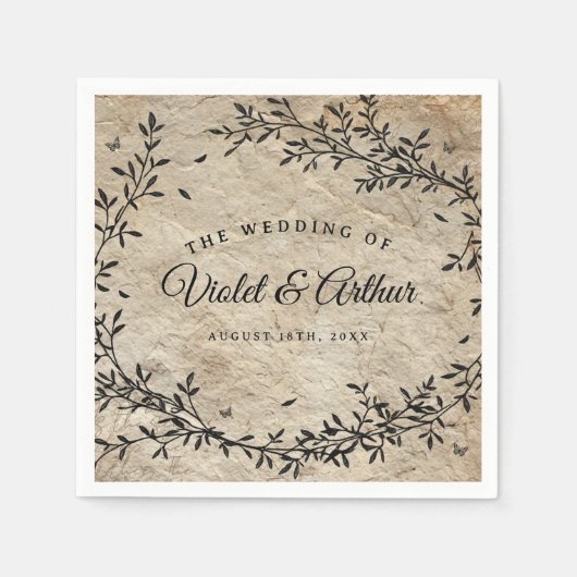 ヴィンテージ植物性リース結婚ズ スタンダードカクテルナプキン (正面)