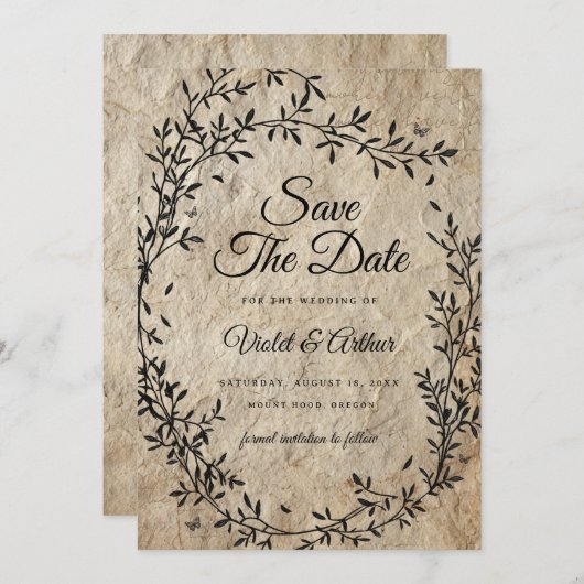 ヴィンテージ植物性リース結婚式の日付を保存 招待状 (正面/裏面)