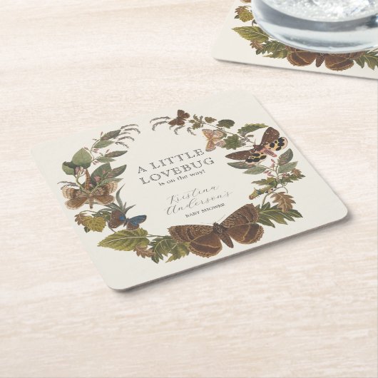 ヴィンテージ植物性小さな愛のバグ赤ちゃんシャワー スクエアペーパーコースター (アングル)