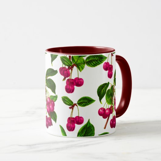 ヴィンテージ植物性明るい赤紫色ピンクさくらんぼプリント マグカップ (正面右)