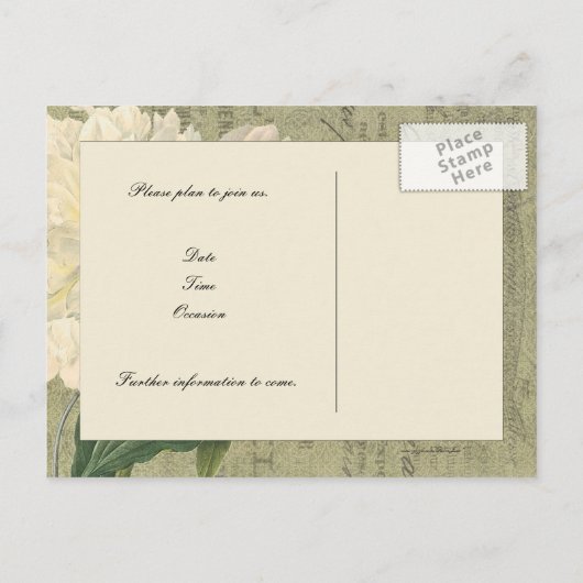 ヴィンテージ植物性白い牡丹は日付を保存 案内ポストカード (裏面)