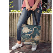 ヴィンテージ植物情景青鶴及びハス トートバッグ