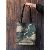 ヴィンテージ植物情景青鶴及びハス トートバッグ
