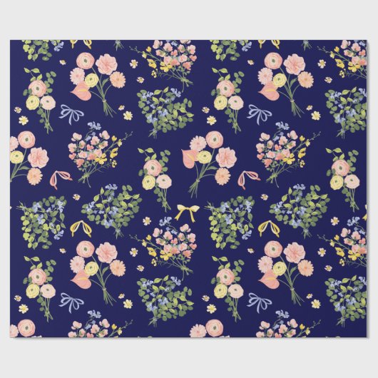 ヴィンテージ植物海軍赤面ピンクフローラ ラッピングペーパー (フラット)