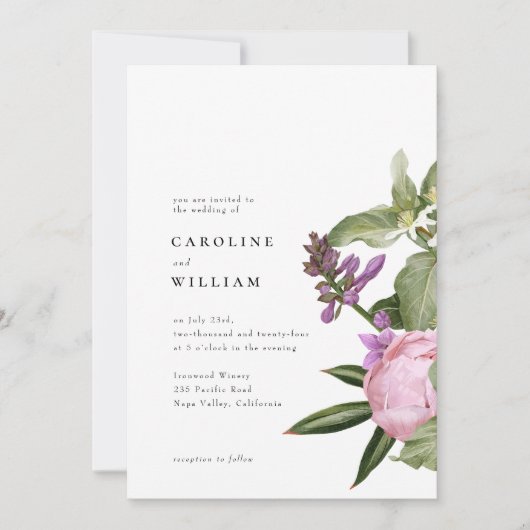 ヴィンテージ植物牡丹ピンクグリーン結婚フローラ 招待状 (正面)