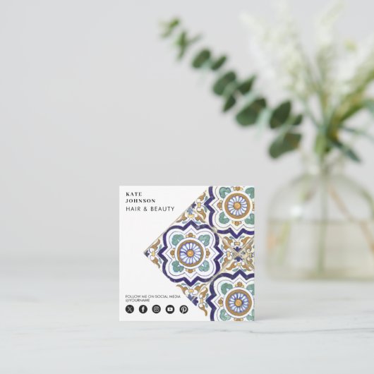 ヴィンテージ植物瓦QRコードソーシャルメディアのアイコン スクエア名刺 (スタンド正面)