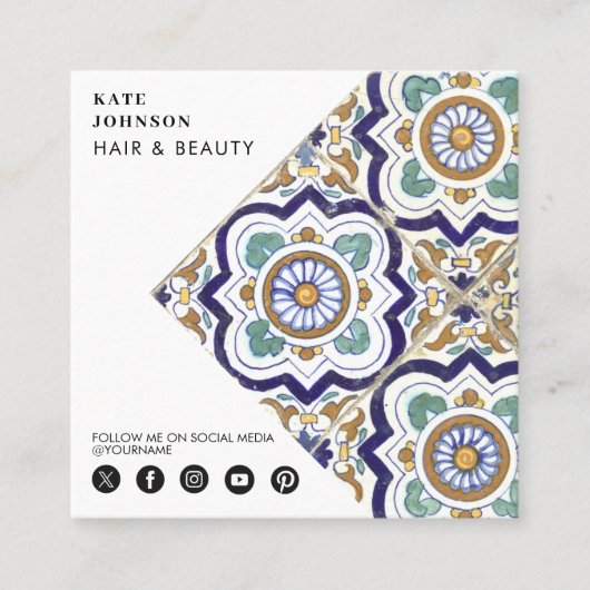 ヴィンテージ植物瓦QRコードソーシャルメディアのアイコン スクエア名刺 (正面)