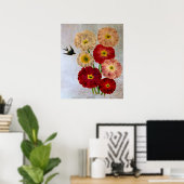 ヴィンテージ植物画の花とツバメの鳥のデザイン レトロブルー ポスター (ホームオフィス)