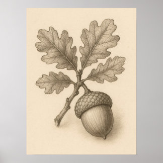 ヴィンテージ植物画 オークのどんぐり インク画 ポスター