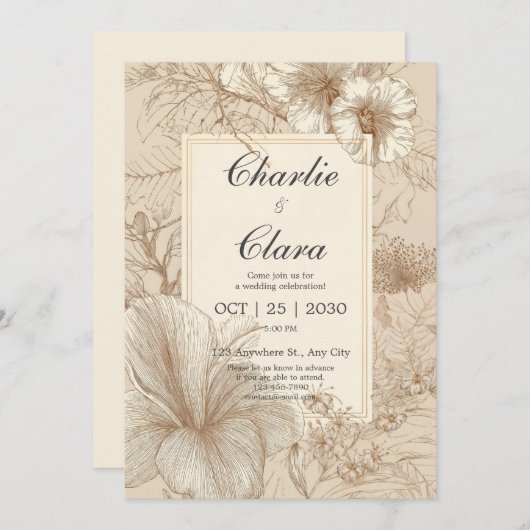 ヴィンテージ植物結婚式招待状 招待状 (正面/裏面)