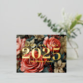 ヴィンテージ植物花ハッピーニューイヤー2025金ゴールド 箔シーズンポストカード (立ち正面)